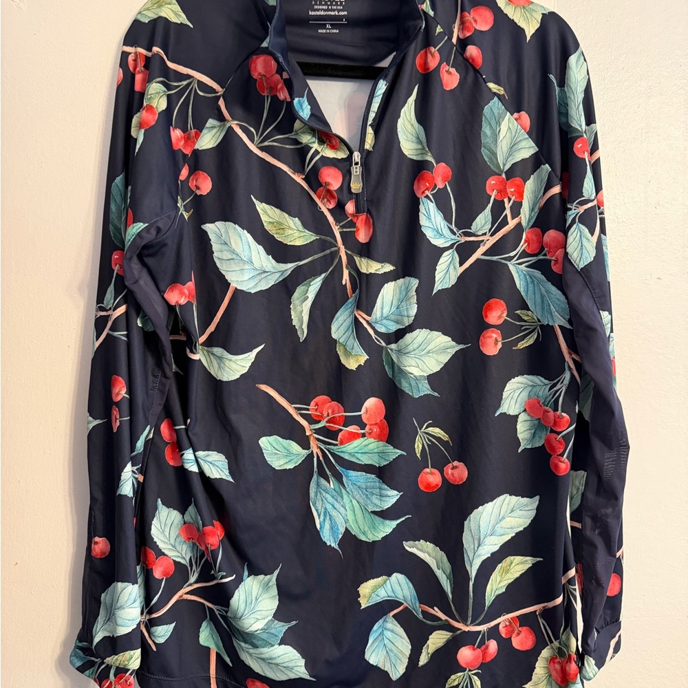 Kastel Cherry Leaf Print Half-Zip Pullover